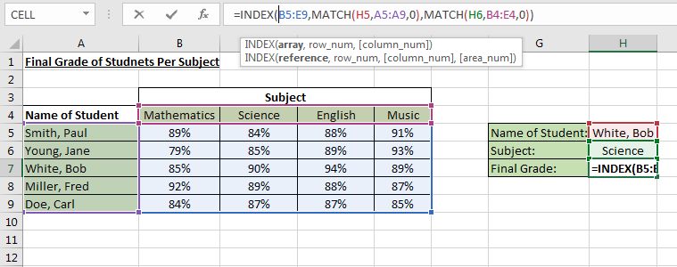 Excel Index Match Functions